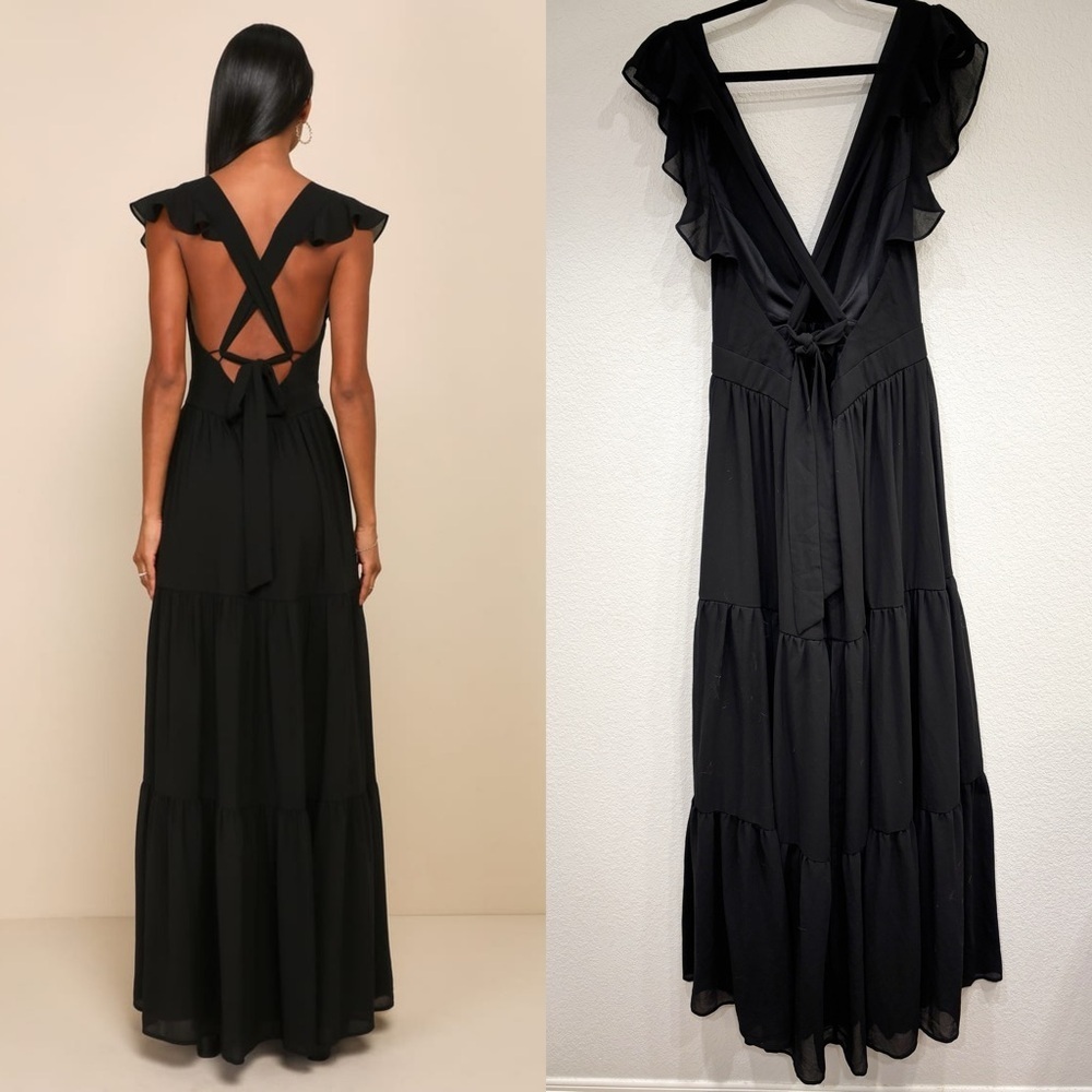 NWOT Lulus Charming Success Black Tiered Lace-Up Backless Maxi Dress - Picture 5 of 9
